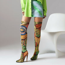 Load image into Gallery viewer, Processing time:3-7days after placing orders  Plus Size Art Graffiti Over Knee Boots Pointed Toe Ultra-High Fine Heel Elastic Fabric Material Women's Long Boots Printed Boots
