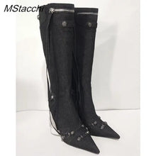 Load image into Gallery viewer, New Metal Rivet Women High Knee Boots Pointed Toe Thin Heels Designer Shoes Party Tassels Zipper-Sid Long Botas De Mujer
