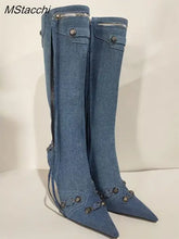 Load image into Gallery viewer, New Metal Rivet Women High Knee Boots Pointed Toe Thin Heels Designer Shoes Party Tassels Zipper-Sid Long Botas De Mujer
