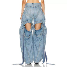 Load image into Gallery viewer, Heavy industry multi pocket denim pants with decorative straps and split back work pants
