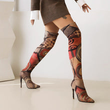 Load image into Gallery viewer, Processing time:3-7days after placing orders  Plus Size Art Graffiti Over Knee Boots Pointed Toe Ultra-High Fine Heel Elastic Fabric Material Women's Long Boots Printed Boots
