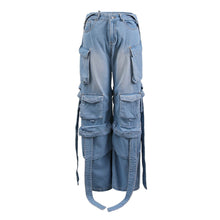 Load image into Gallery viewer, Heavy industry multi pocket denim pants with decorative straps and split back work pants
