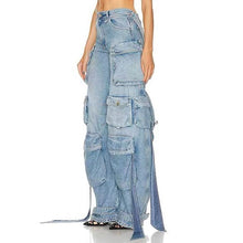 Load image into Gallery viewer, Heavy industry multi pocket denim pants with decorative straps and split back work pants
