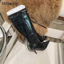 Load image into Gallery viewer, New Metal Rivet Women High Knee Boots Pointed Toe Thin Heels Designer Shoes Party Tassels Zipper-Sid Long Botas De Mujer
