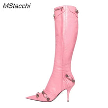 Load image into Gallery viewer, New Metal Rivet Women High Knee Boots Pointed Toe Thin Heels Designer Shoes Party Tassels Zipper-Sid Long Botas De Mujer
