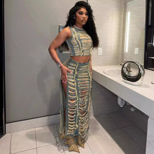 Load image into Gallery viewer, Women's trendy personalized handmade frayed vest slit denim skirt
