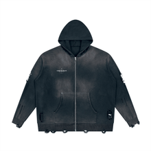 Load image into Gallery viewer, Unisex Distressed Full Zip Sweater
