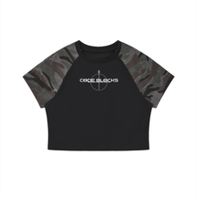 Load image into Gallery viewer, Women’s Camo Raglan Crop T-Shirt
