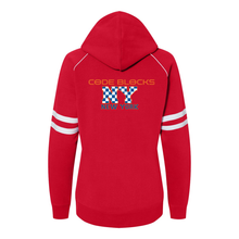 Load image into Gallery viewer, J. America 8645 Women's Varsity Fleece Piped Hooded Sweatshirt
