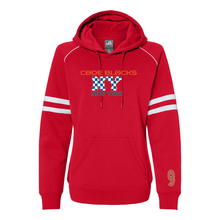 Load image into Gallery viewer, J. America 8645 Women's Varsity Fleece Piped Hooded Sweatshirt
